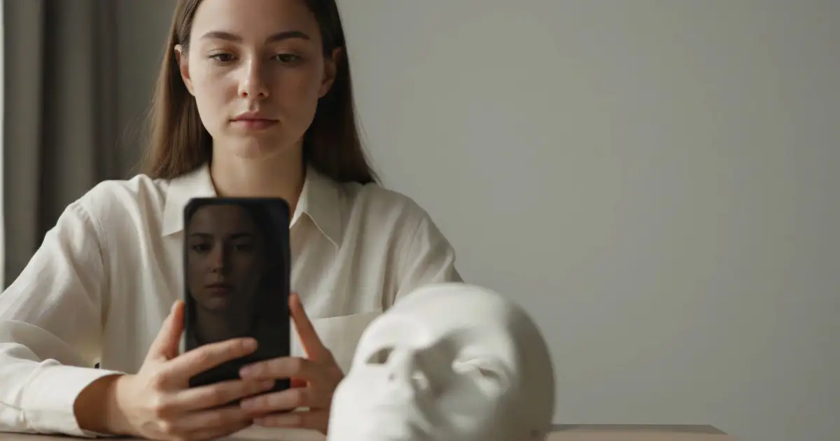 A woman sits at a table holding a tablet with her reflection visible; a white sculpted head rests on the table beside her.