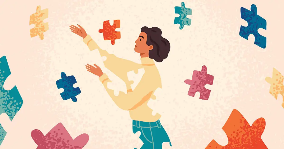 Illustration of a person reaching out to floating colorful puzzle pieces, with some puzzle piece-shaped gaps in their body, symbolizing the journey toward wholeness through mental health services like Choices Psychotherapy.