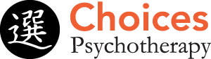 Logo for Choices Psychotherapy featuring a black circle with a white Japanese kanji character on the left and the words "Choices Psychotherapy" in orange and gray on the right, symbolizing professional mental health services.