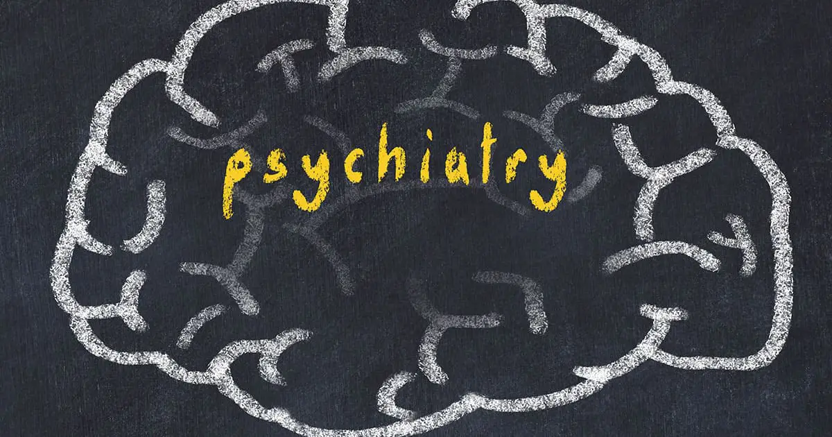 A chalk drawing of a brain on a blackboard with the word "psychiatry" written in yellow in the center, highlighting Choices Psychotherapy and its focus on mental health services.