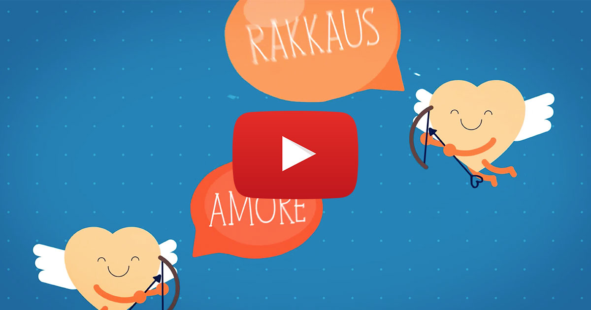 Two cartoon heart characters with wings and bows appear with speech bubbles saying "RAKKAUS" and "AMORE" on a blue background, highlighting Choices Psychotherapy’s mental health services, with a large red play button in the center.