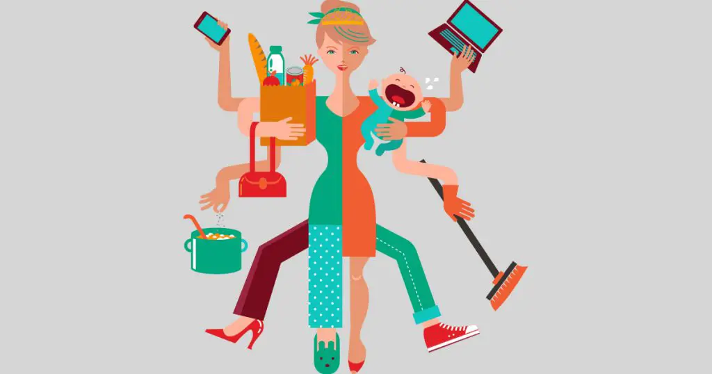 Illustration of a woman with multiple arms multitasking—holding a baby, groceries, a phone, laptop, stirring a pot, and sweeping—highlighting the challenges women face and the support available through mental health services like Choices Psychotherapy.